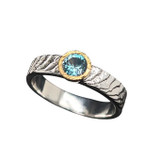 Natural Blue Zircon Ring with 22K Gold. I cast the ring shank from a cuttle bone shell to create the unique and highly textured ring band. I got the blue zircon from a nice crystal from Cambodia. I cut it with one of my favorite high refractive cuts called ‘Gamma Brilliant’. The stone has over 70 individual facet cuts!  Natural Zircon is super special because it has a refractive index higher than diamond. This looks like a blue diamond in a size 7.5 ring.