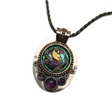 PEACOCK IRIDESCENT PRESSED GLASS BUTTON SET IN STERLING SILVER AND GOLD FILL WITH 3 AMETHYST CABS WITH SILVER 18" WHEAT CHAIN