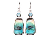 Opalized Petrified Wood Earrings 3. This really cool material comes from Indonesia and I cut these unique shapes with a bookend cut technique so the earrings are mirror images of each other. Blue apatite accents with an ocean themed scene set in a fine silver bezel and sterling silver ear wire components. .75” L by 0.5”W.