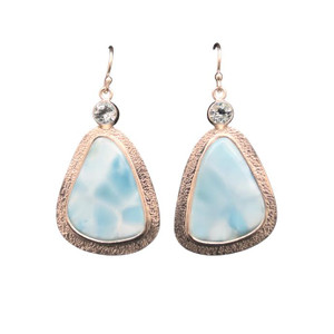 Larimar Earrings and Blue Topaz.
I cut these high-quality matching pair of Larimar using a butterfly technique where the stones are mirror images of each other. This stone comes from the Dominican Republic and is paired with Brazilian blue Topaz accents in fine silver and sterling silver components.