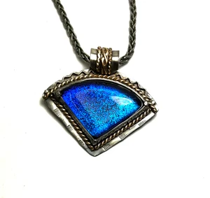 IRIDESCENT  BLUE FUSED GLASS TRIANGLE PENDANT SET IN STERLING SILVER WITH FILIGREE DESIGN,  , 3MM OXIDIZED SILVER WHEAT CHAI