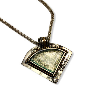 Fused Glass Pendant - sterling silver and gold fill with glass clear Swarovski crystal

16" sterling silver wheat chain

2"x 1.75"
