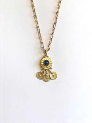 ancient style gold necklace...18k pendant 7/8" x 1/2" w/ blue sapphire & 14k 16" chain....          designed and handmade by             J A Lindberg....one of a kind