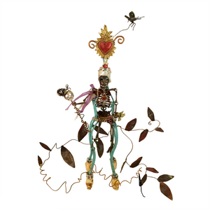 Hand fabricated little Day of the Dead sculpture. Jointed, fine & sterling silver/copper/brass/bone/paint/ thread/ 18k  gold/ruby/tourmaline. 5" tall, 6 - 7" wide. Designed and completely handmade down to the tiniest detail by, J A Lindberg.