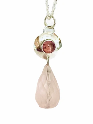 Sterling silver pendant with pong tourmaline cabochon and rose quarts drop