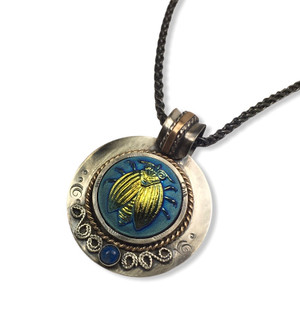 IRIDESCENT GLASS BUG PENDANT SET IN STERLING SILVER WITH GOLD FILL ACCENTS AND 2.5MM OXIDIZED SILVER WHEAT CHAIN 18"