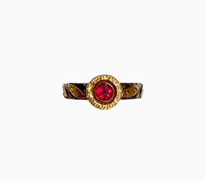 top view of ruby, 18k gold and sterling ring