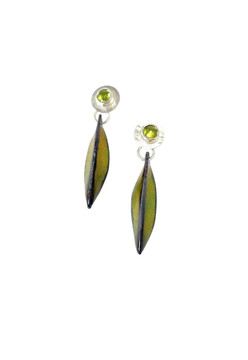 Sterling silver, peridot earrings with green/gold enamel leaf srops