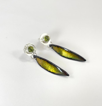 Sterling silver, peridot earrings with green/gold enamel leaf srops