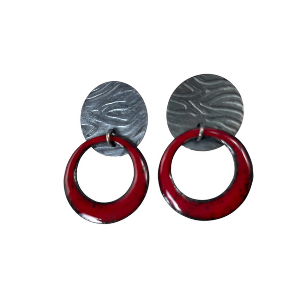 Oxidized silver and red enamel earrings