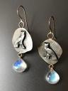 Guardian Owls. Sterling and 14kt gold. 
Rainbow Moonstone AAA grade
14 kt gold earwires. Hand fabricated.