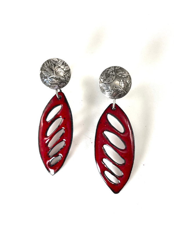 Sterling silver and red enamel leaf earrings