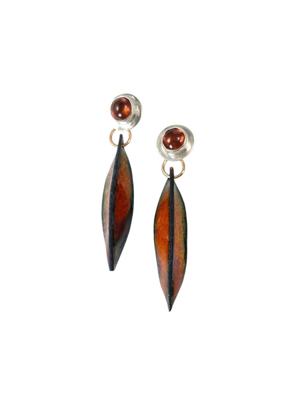Sterling silver, tourmaline  earrings with pink/gold enamel leaf drops