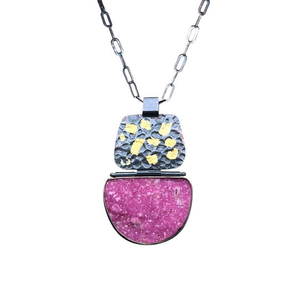 Druzy Cobalto-Calcite Pendant with 22K gold Keumboo. A rare grouping of natural minerals with intense colors that are completely natural. I cut the pink calcite from a specimen from Congo, Africa. It has small pink sugar-like crystals that are colored by manganese. Hanging pendant with hinges and patina sterling silver with an 16” chain.
