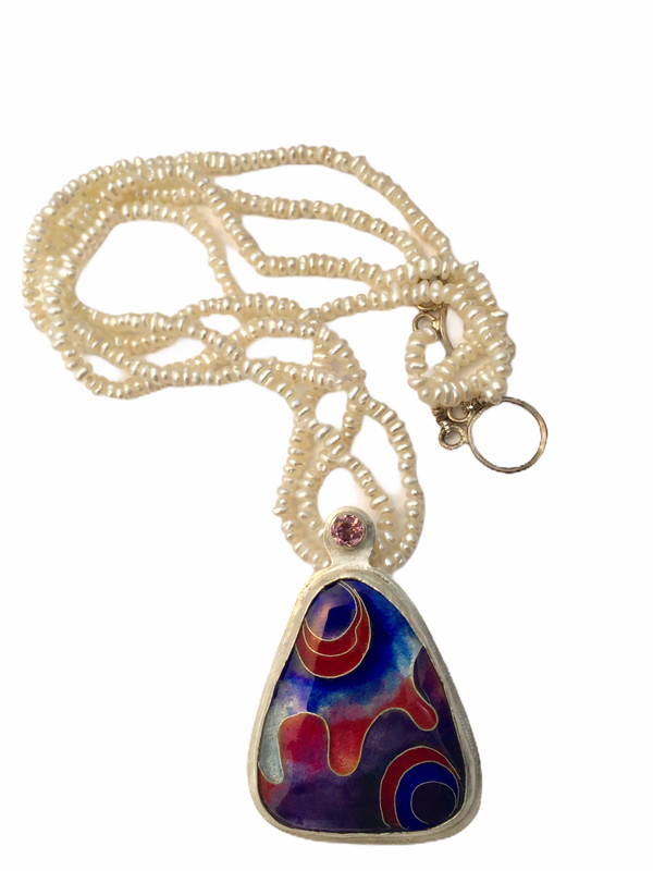 Cloisene enamel pendant set in silver and accented with a pink tourmaline, on a double strand of fine pearls