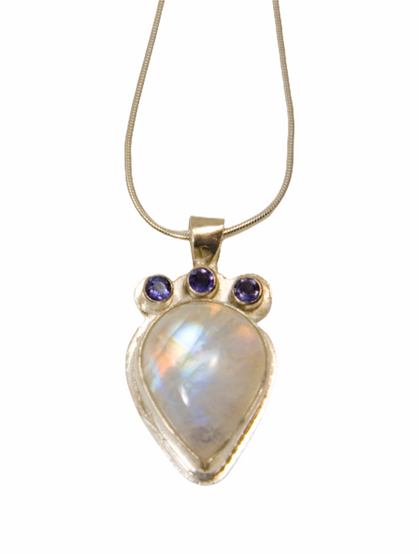 Rainbow moonstone pendant  with faceted iolite set in sterling silver