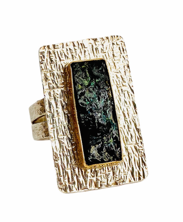 Sterling silver large ring with raw dark green tourmaline - 18k bezel size 9 1/2 - 10