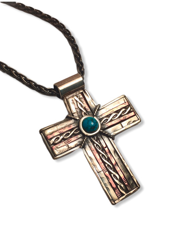 Rustic Cross - sterling silver, copper with a turquoise cab

1.5" x 1.75"


18" oxidized sterling silver wheat chain 3mm