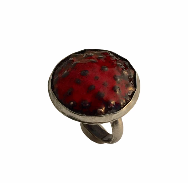 Sterling silver, black and red enamel ring