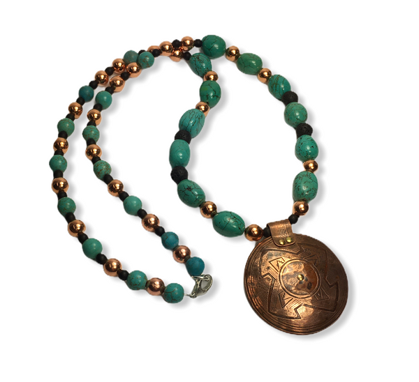 ETCHED COPPER DISC WITH RIVETS PENDANT  - TURQUOISE, COPPER,LAVA ROCK BEADS WITH SILVER CLASP