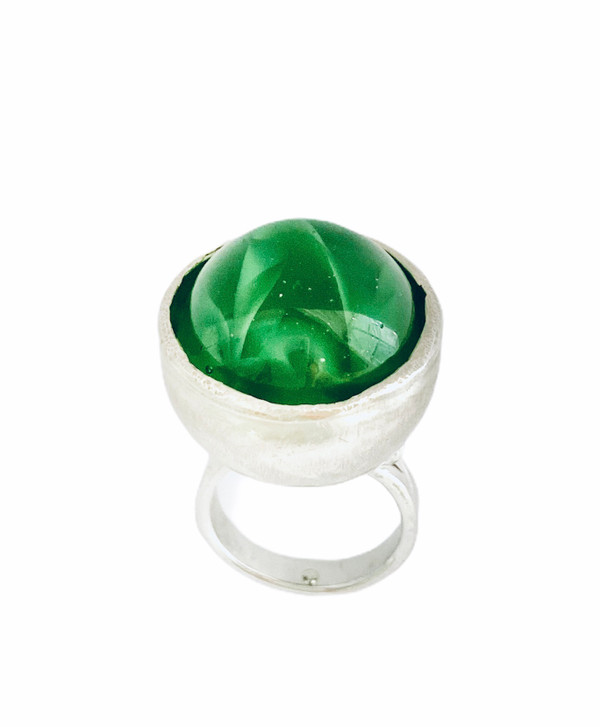 Sterling silver large green marble "worry" ring - marble spins in setting