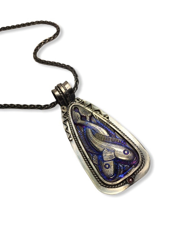 IRIDESCENT GLASS ENTWINED FISH PENDANT SET IN STERLING SILVER - 2.75"X1.25" STAMPED AND OXIDIZED, RHODOLITE GARNET, 3MM SILVER WHEAT CHAIN -18"
