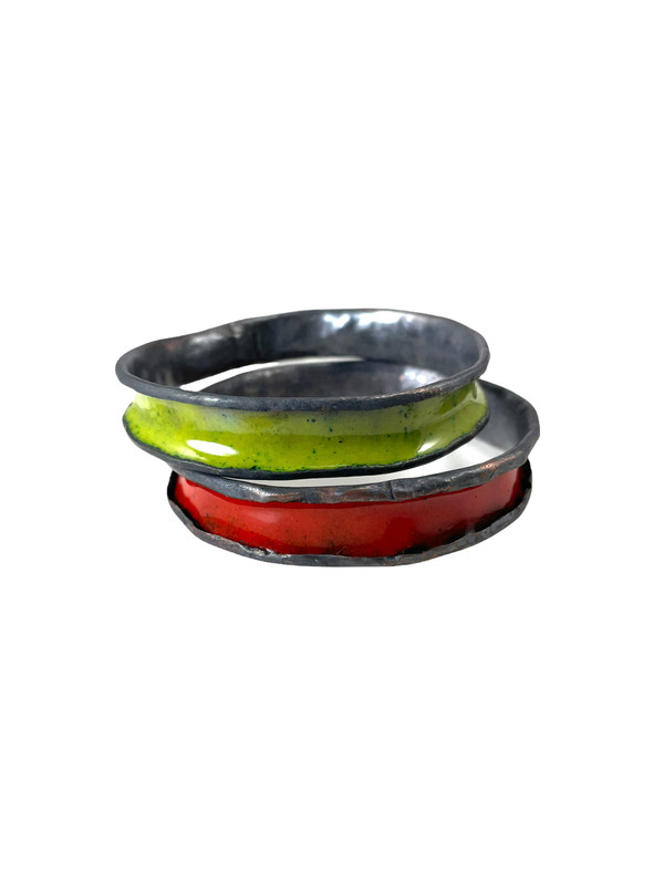 Anti-clastic enamel  bangles, red and green