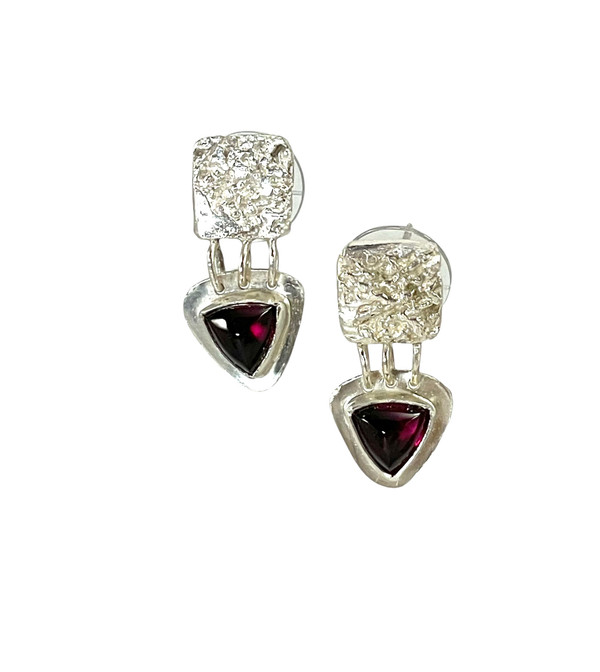 Textured sterling silver earrings with rhodolite garnet trillion drops