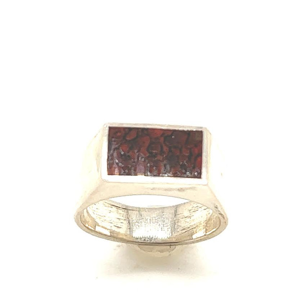 Hollow form Petrified Dinosaur Bone inlaid ring set in sterling silver. Size 7.5 ring not able to resize