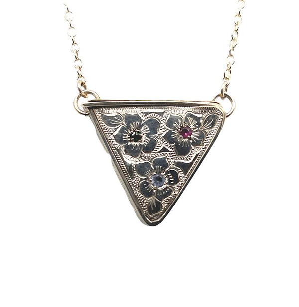 Silver tri angle pendant  engraved with 3 flowers and set with 3 gemstones