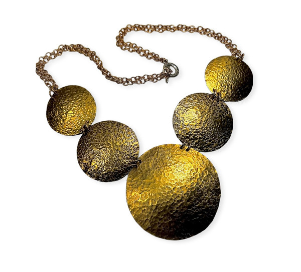 HAMMERED BRONZE DISCS PENDANT - 1 -2 .5", 2- 1.75", 2- 1.5", BRONZE CHAIN WITH SILVER CLASP