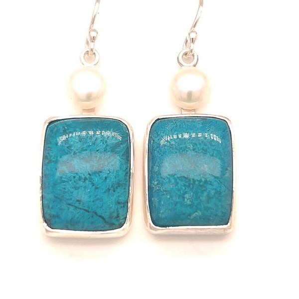 Gel Chrysocolla Earrings with Pearls. I cut this naturally intense blue green stone from an old miners’ collection from Arizona. Set with cultured pearls in sterling silver.