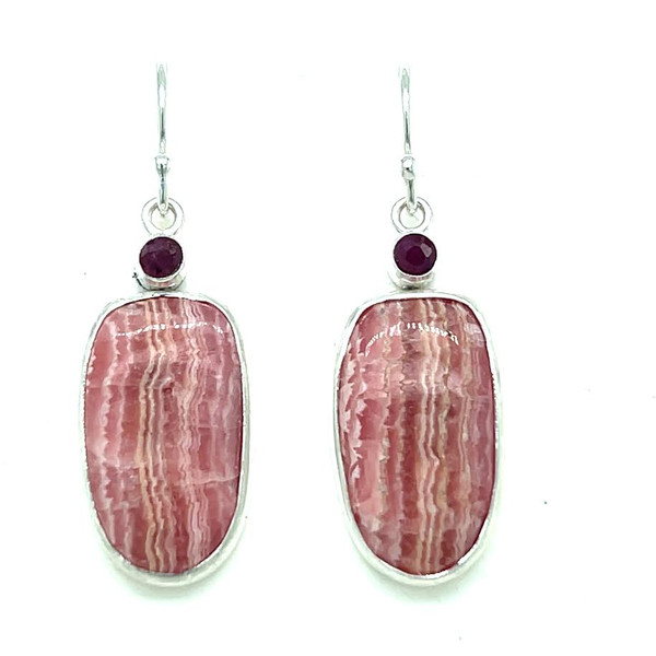 Rhodocrosite Earring with Rubies. I cut this pair of banded Argentina rhodocrosite with a bookend technique so that they are mirror images of each other. Ruby accents from Vietnam in fine silver and sterling silver earwires.