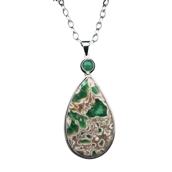 Variscite & Chrysoprase Necklace.  I cut this Variscite teardrop shape from a nodule found in Utah. The custom cut lime green chrysoprase comes from Australia. A great marriage of unique stones. Set in fine silver with 18” sterling silver chain included. 1”x2” dimension