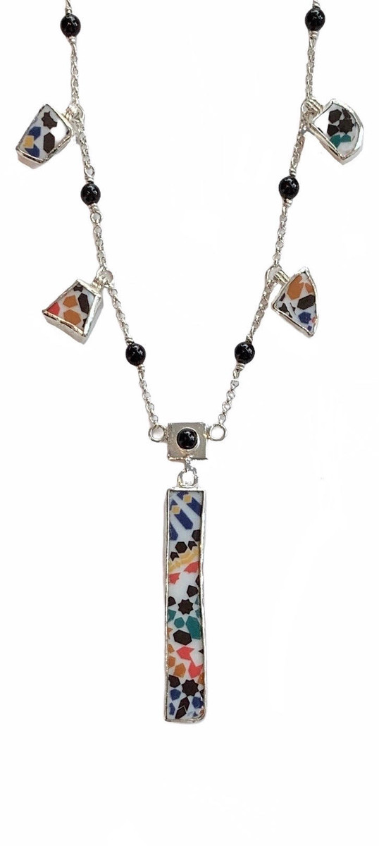 16"-17” fine silver chain.Sterling & fine silver necklace w/ ceramic and onyx. Designed and handmade by J. A. Lindberg