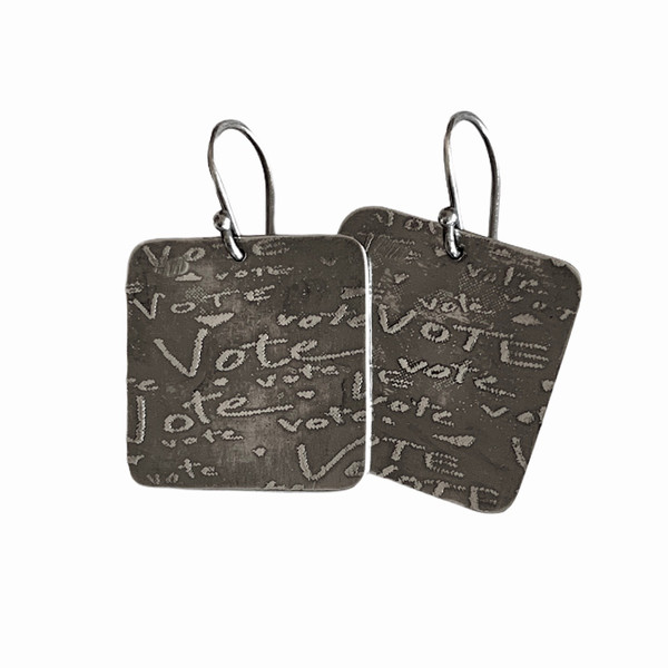 Sterling Silver Etched Square VOTE Earrings