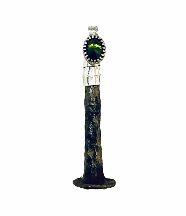 Sterling silver, and iron/steel 'Date Nail' dated 1944 - pendant, set with green Tourmaline