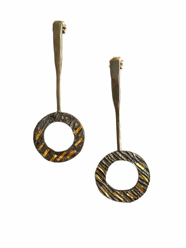 Elegant oxidized sterling silver post earrings with 24K gold accents.