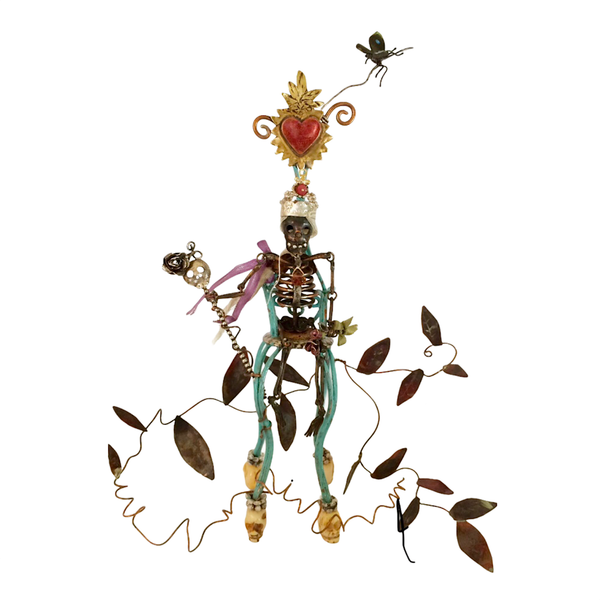 Hand fabricated little Day of the Dead sculpture. Jointed, fine & sterling silver/copper/brass/bone/paint/ thread/ 18k  gold/ruby/tourmaline. 5" tall, 6 - 7" wide. Designed and completely handmade down to the tiniest detail by, J A Lindberg.