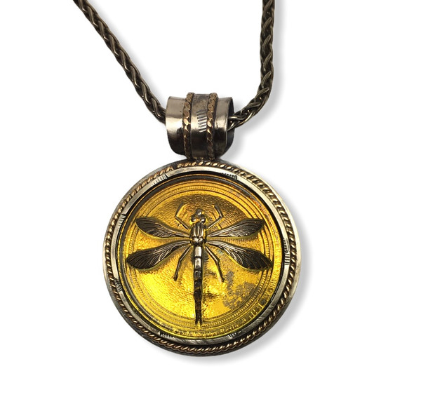 IRIDESCENT YELLOW GLASS DRAGONFLY SET IN STERLING SILVER AND GOLD FILL TWIST ACENT - 3MM OXIDIZED WHEAT CHAIN - 18"