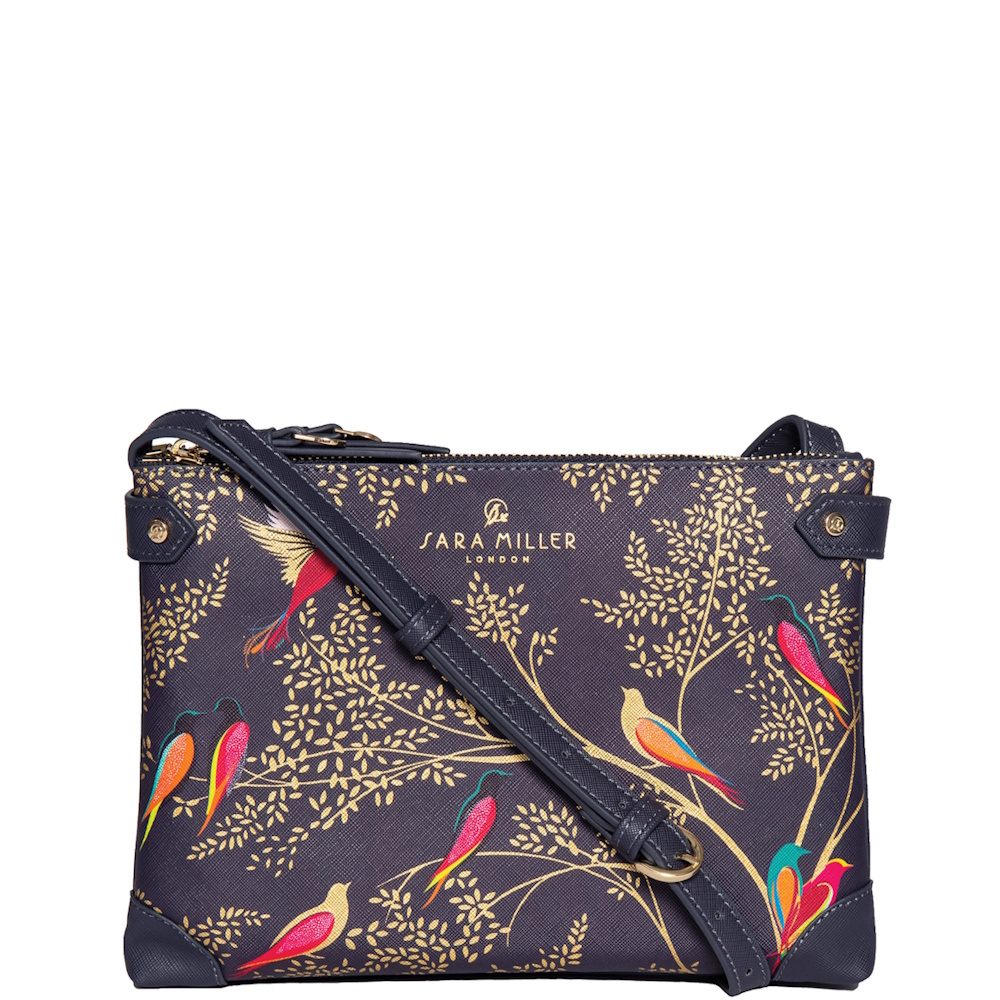 Sara Miller Zip Top Crossbody Bag Smokey Blue Birds