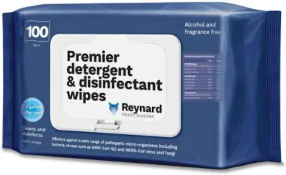 Reynard Health Supplies Premier Detergent & Disinfectant Wipes, Kill SARS-CoV-1&2 in 30 secs, 33cm x 22 cm - Box of 100