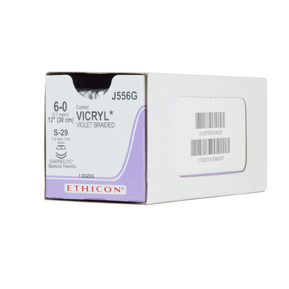 Ethicon Coated VICRYL (polyglactin 910) Suture Spatula Conventional Cutting S-29 7.6mm 1/4 Circle 6-0 Violet Braided 1 x 12”/30cm J556G - Box of 12