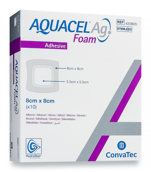 ConvaTec Aquacel Ag Foam Adhesive Dressing 8cm x 8cm, Box of 10 (420805)