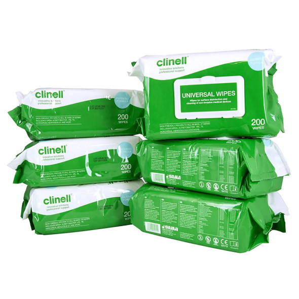 6 packs Clinell Universal Sanitising Wipes 25cm x 25cm Green