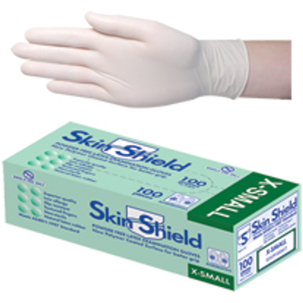 Skin Shield Latex Examination Gloves Powder Free Polymer Coated Textured