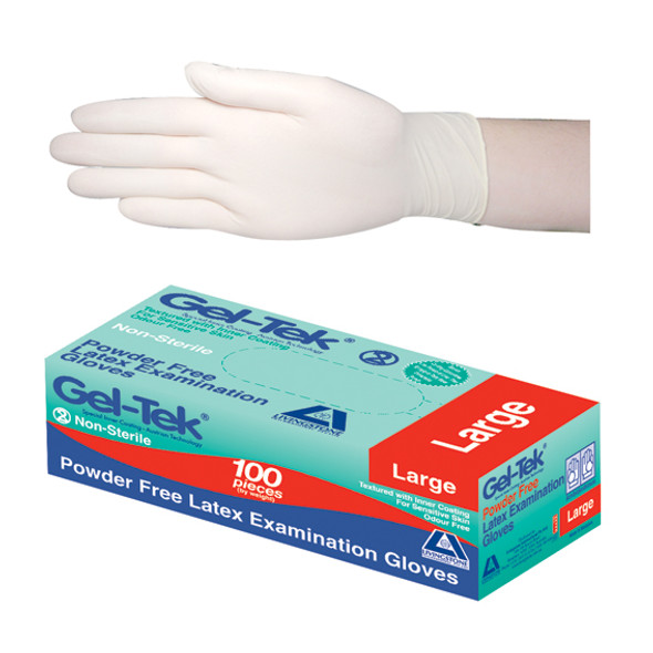 Gel-Tek Latex Examination Gloves, Powder Free, Polymer Coate