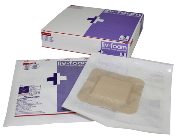 Liv-Foam Silicone Foam Dressing, 7.5 x 7.5cm, with Border, Self Adherent, 5 per Box