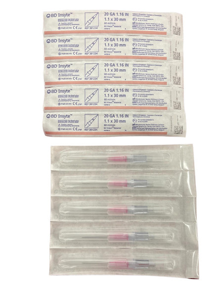 BD Insyte IV Cannula with BD Vialon Biomaterial, 20 Gauge x 1.16 Inches, 30mm, Pink, 50 per Box 