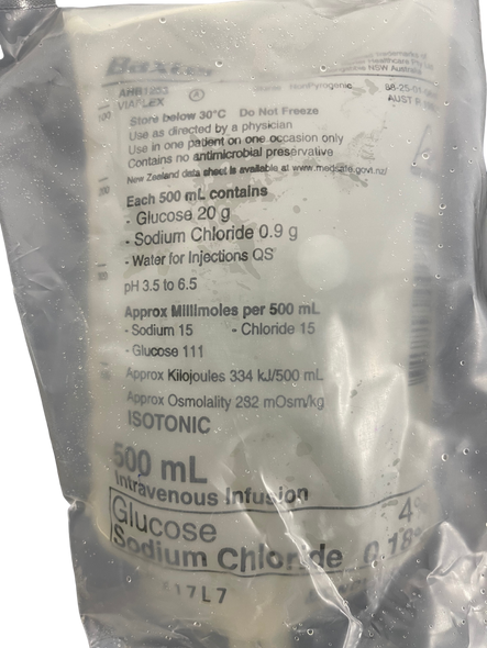 Baxter Intravenous IV Solution Glucose 4% Saline 18% 500ml AHB1253